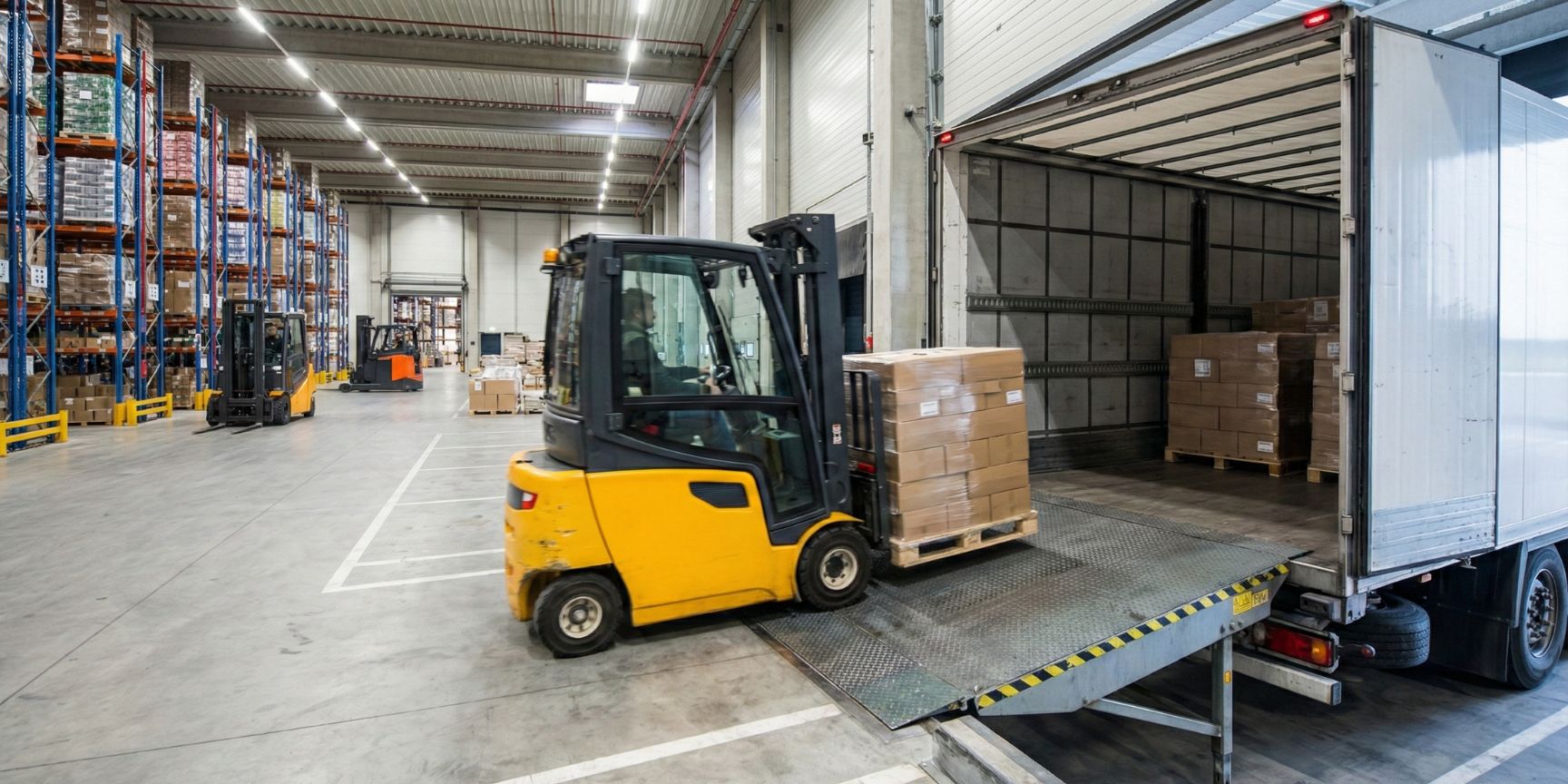 Interior view of a warehouse in which a forklift truck with a pallet drives over a dock leveller into the cargo area of a truck to carry out rear handling